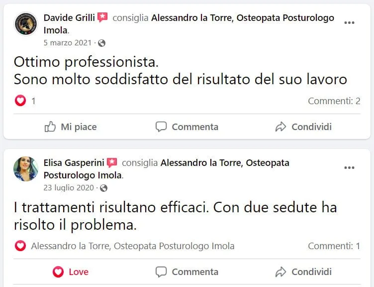 recensioni facebook alessandro la torre osteopata chiropratico imola