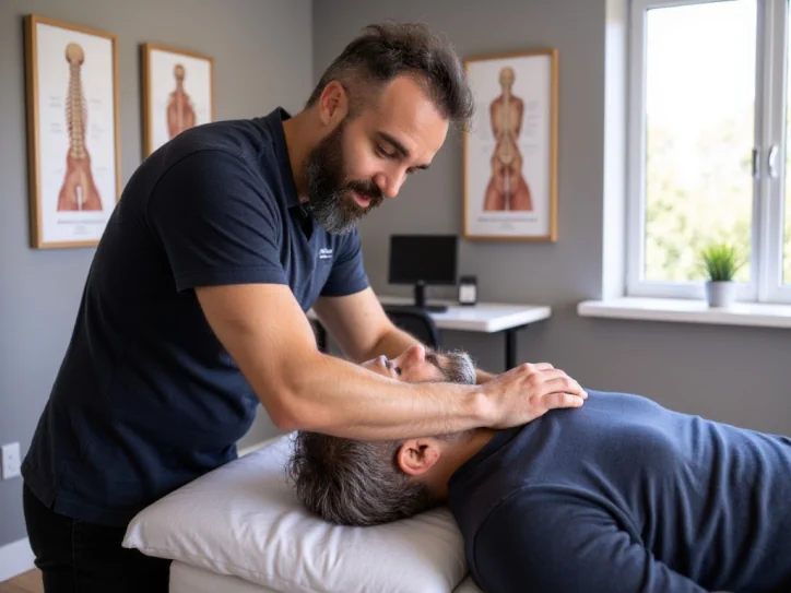 alessandro la torre osteopata esegue un trattamento di osteopatia cervicale su un paziente anziano nel suo studio di imola