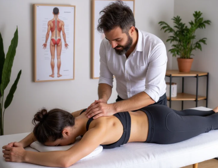 alessandro la torre osteopata esegue una manipolazione osteopatica sulla schiena di una paziente vestita di nero