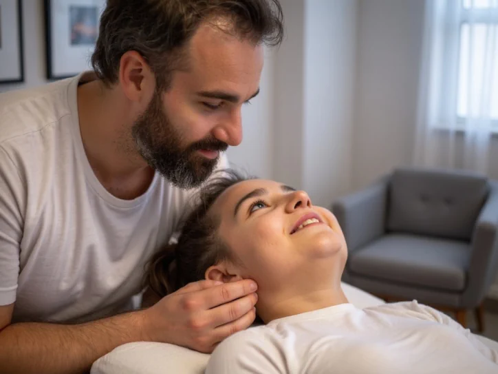 alessandro la torre osteopata esegue un trattamento di osteopatia craniosacrale su una ragazza castana nel suo studio di imola