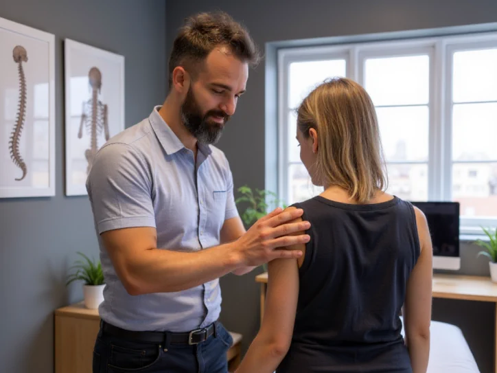 alessandro la torre osteopata esegue una visita posturale alla spalla di una donna bionda nel suo studio di imola