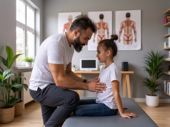 alessandro la torre osteopata esegue un trattamento di osteopatia pediatrica su una piccola bambina nel suo studio di imola