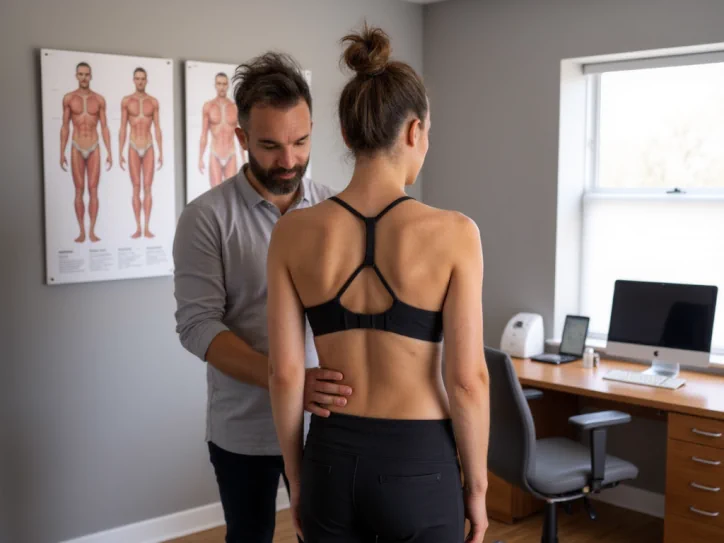 alessandro la torre osteopata esegue una valutazione posturale di una paziente in piedi nel suo studio di imola